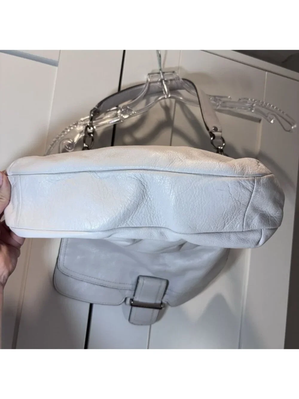 COACH 23346 White Leather Pebbled Shoulder Bag Hobo Purse Handbag Silver